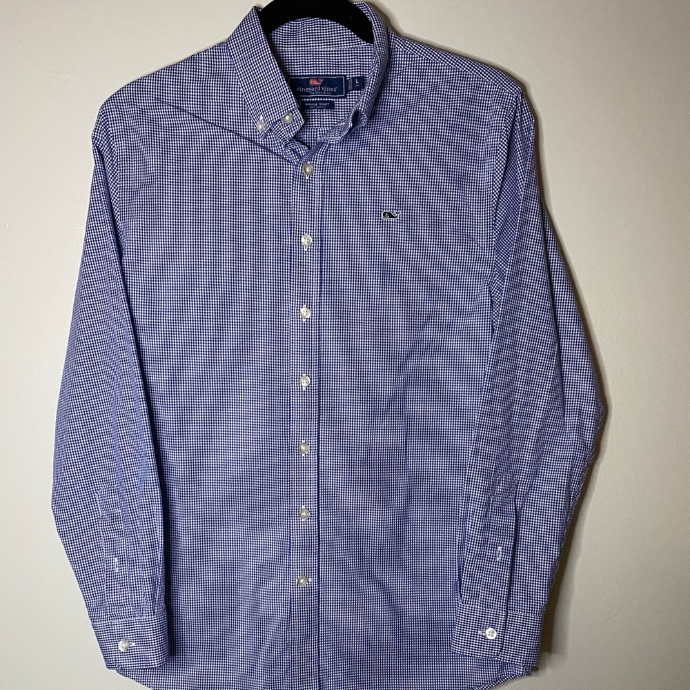 Blue Checkered Vineyard Vines Boys L Whale Shirt